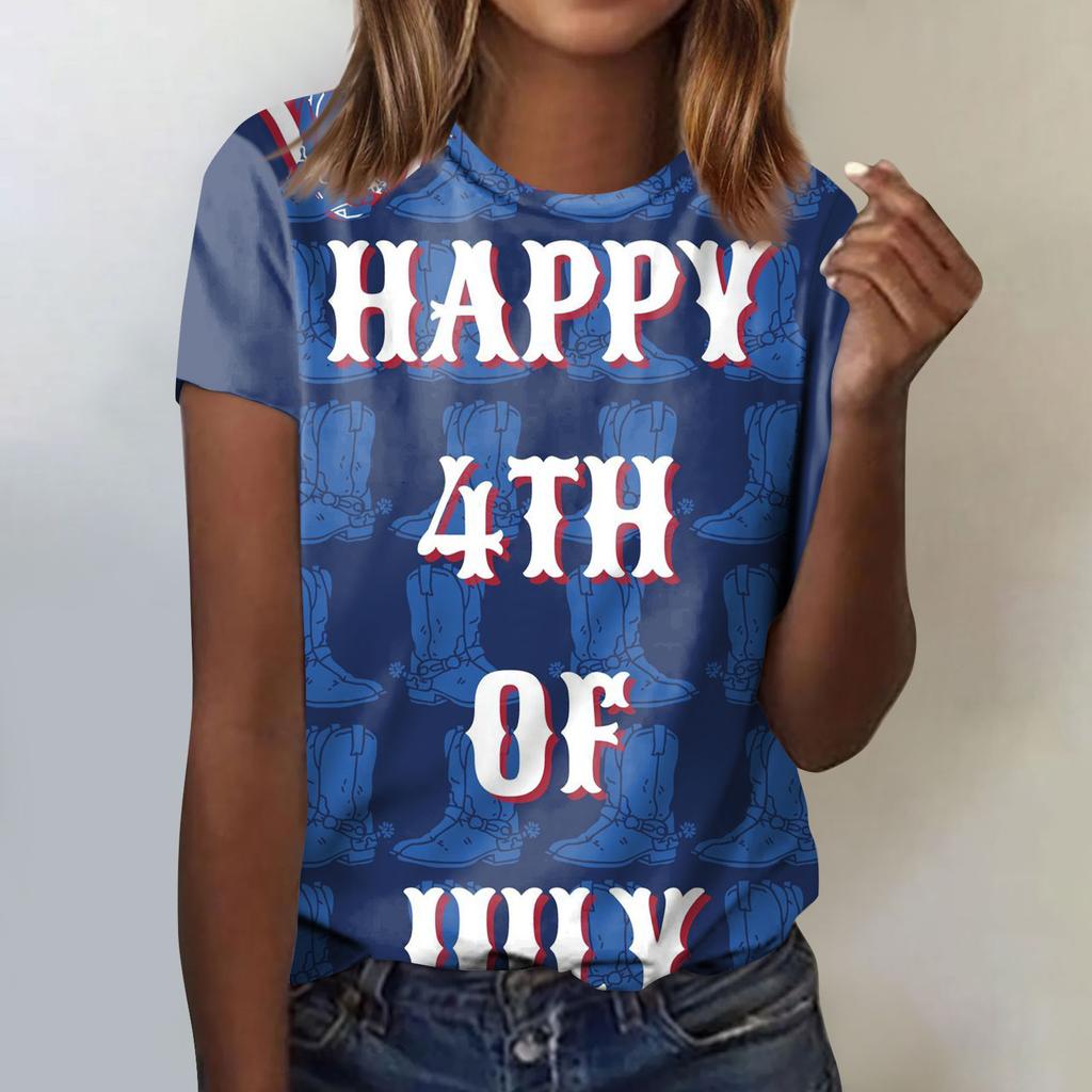 Women's Fashion Casual Independence Day Printed Round Neck Short Sleeve T-Shirt Top