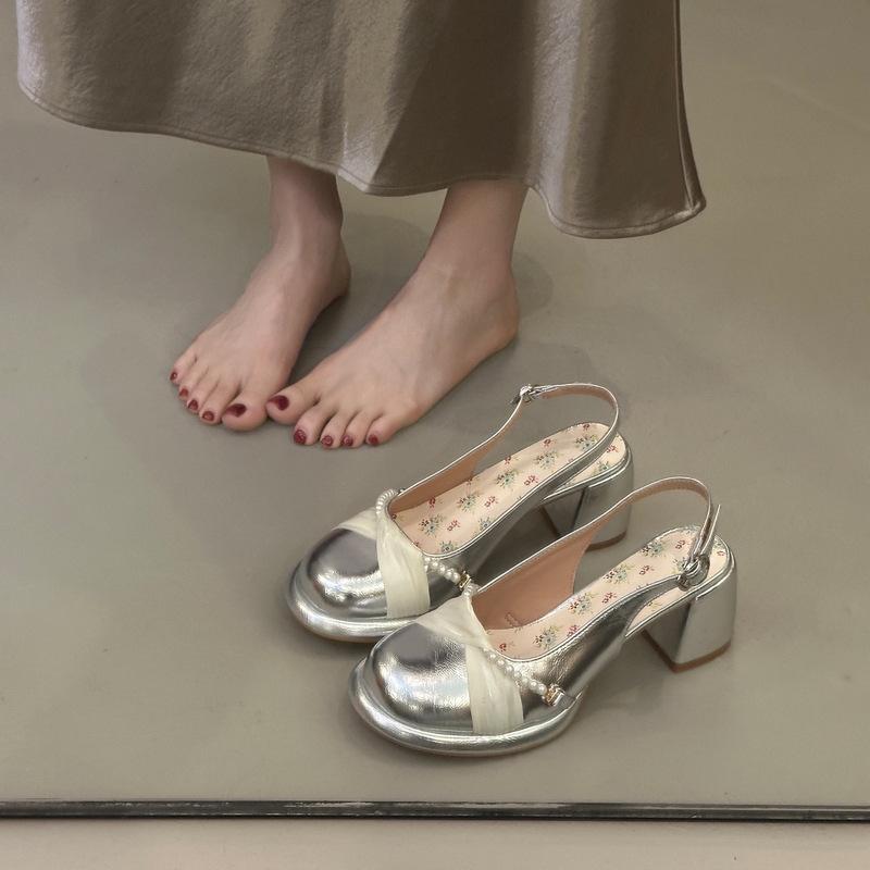 Paired Skirt Mid-heel Mary Jane Shoes Women's Summer New Temperament Pearl Sweet Bag Head Sandals