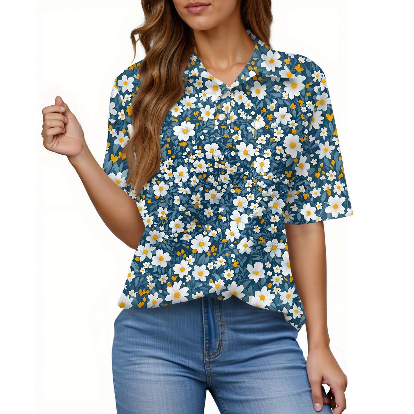 Women s Fashion Casual Button Pocket Shirt Short Sleeve Print Lapel Top XXL синий