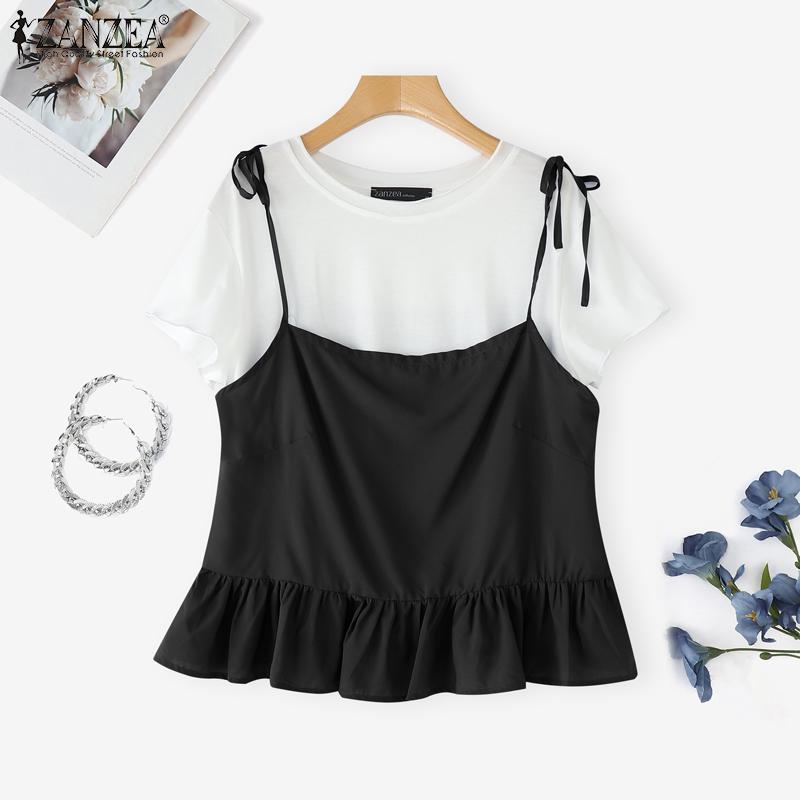 ZANZEA Women Casual Fake Two Piece Patchwork Short Sleeve Blouse