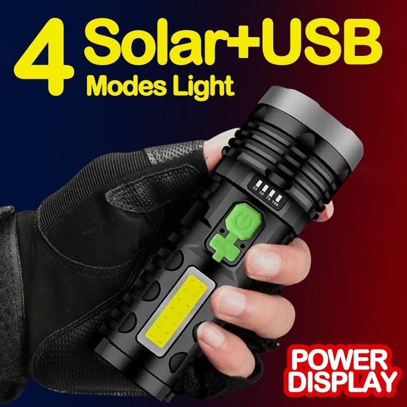 Solar LED Taschenlampe USB Aufladung Multifunktionale Taschenlampe Wasserdichte Taschenlampe Eingebaute Batterie Handlampe Campinglicht