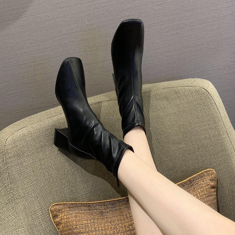 Stylish Square Heel Single Boots Women's Square Toe Rear Zip Anti-Slip Wear-Resistant Block Heel Short Boots