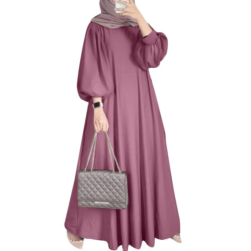ZANZEA Dame Casual O-hals Ensfarget Langermet Retro Lang Kjole