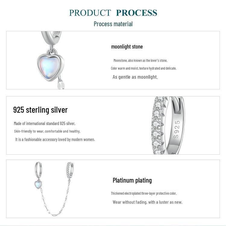 Avle Sterling Silver S925 Heart-Shaped Moonstone Chain Double Ear Cuff Earrings BSE809