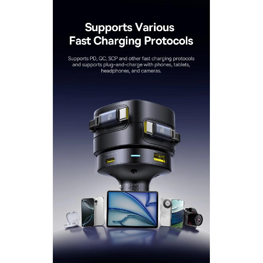 Baseus 90W USB Type-C Car Charger Dual Retractable Cable PD QC SCP AFC PPS Fast Charging For Tablet iPhone Samsung Huawei Xiaomi
