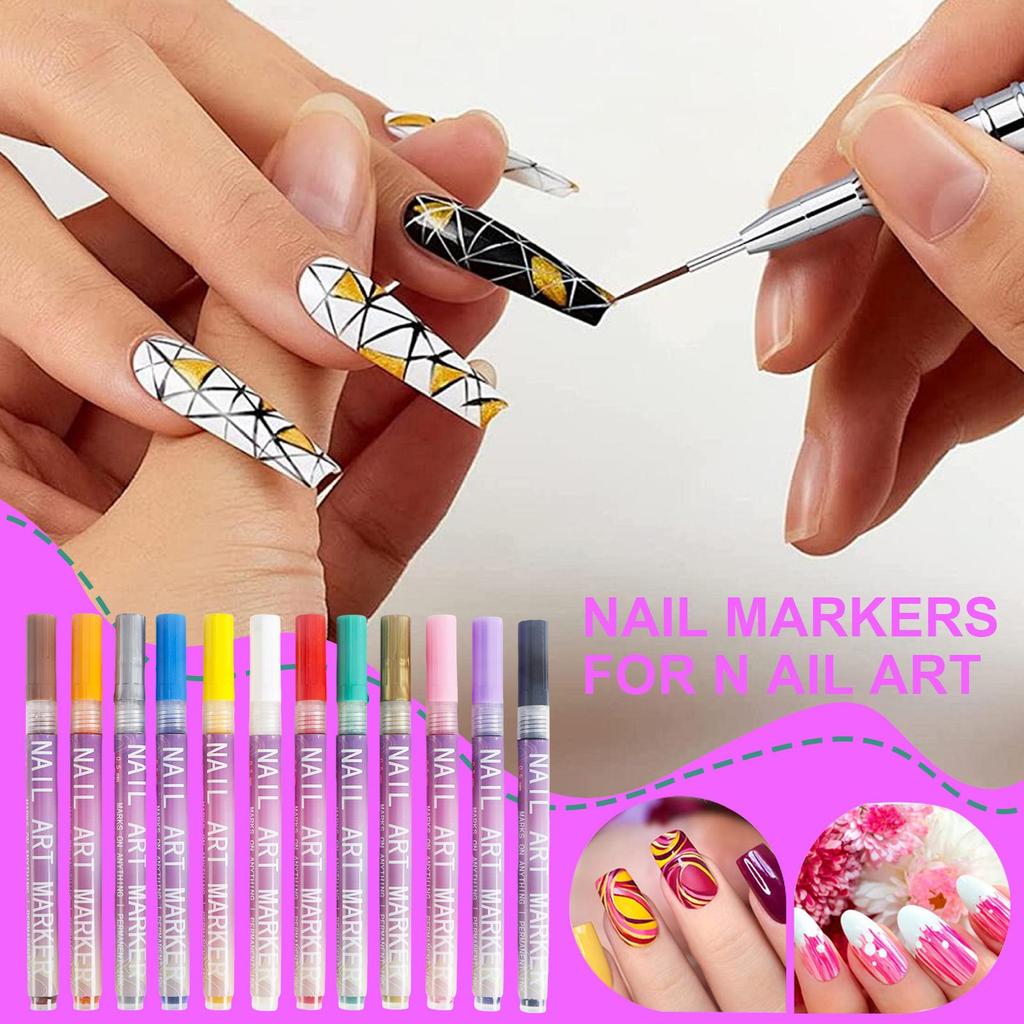 12Pcs/Set Nail Acrylic Graffiti Pen Colourful Nail Marker Drawing DIY Beauty NailArt Tool Waterproof And Quick Drying Nail Mark