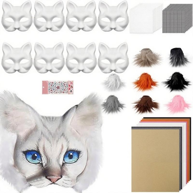 Fun Therians Masks Kit Cats Foxes Mask with Furs Eye Meshes DIY Furry Animal Mask to Paint for Halloween Cosplay Party