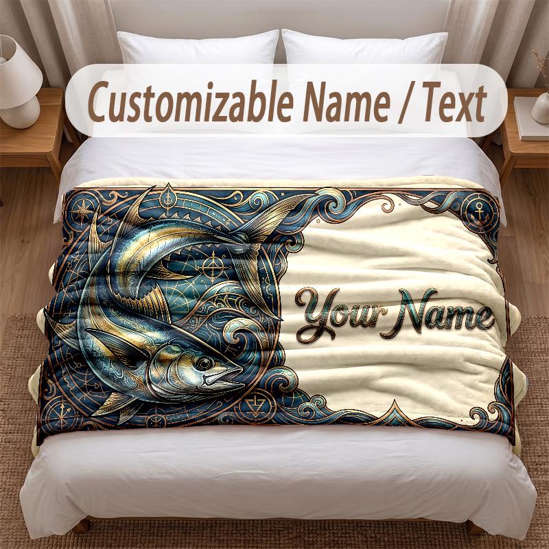 Fish Ocean Theme Soft Blanket Personalized Custom Name Text Print Warm Blanket Home Sofa Bedroom Decor