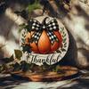 Autumn Pumpkin Thanksgiving Metal Sign Wall Decor 7.87x7.87 Inch Round Rustproof Aluminum with Plaid Bow Home Office