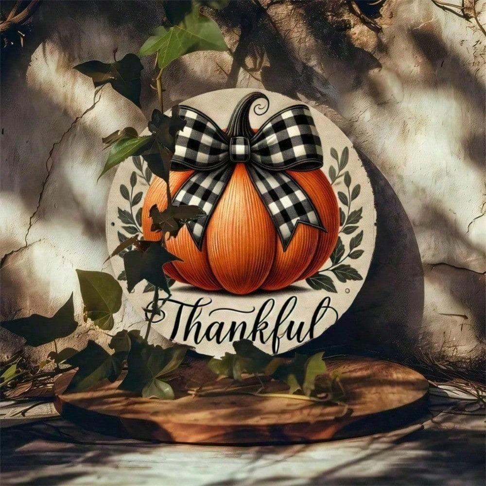 Autumn Pumpkin Thanksgiving Metal Sign Wall Decor 7.87x7.87 Inch Round Rustproof Aluminum with Plaid Bow Home Office