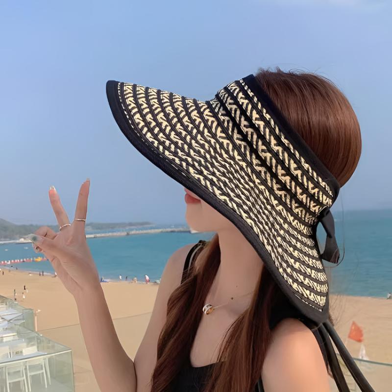 Big Brim Visor Cap Women'S Outdoor Collapsible Straw Hat Summer Empty Top Hats Sun Protection Beach Hats