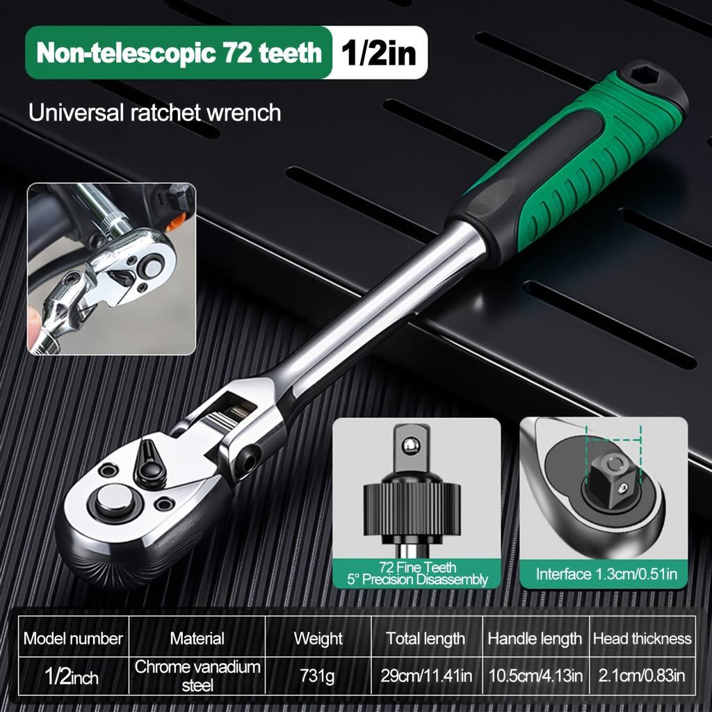 72-Tooth Ratchet Wrench Set, Chrome Vanadium Steel, Automatic Two-Way Mechanism, Stretchable, Ergonomic Grip, with Quick Socket
