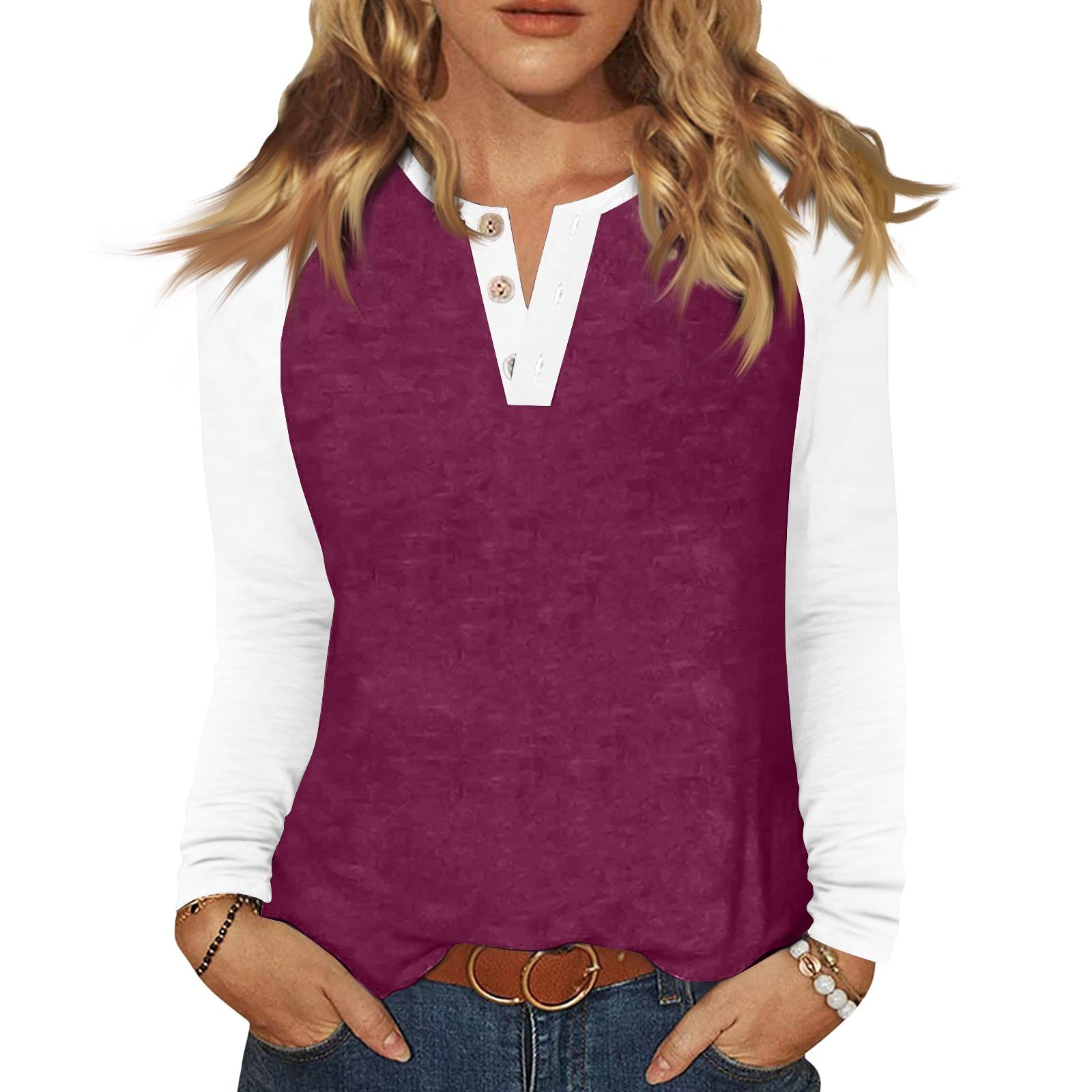 

Женская футболка колор-блок на пуговицах с длинным рукавом, повседневная, для выходных, модная, базовая, с V-образным вырезом, обычная XXL винный