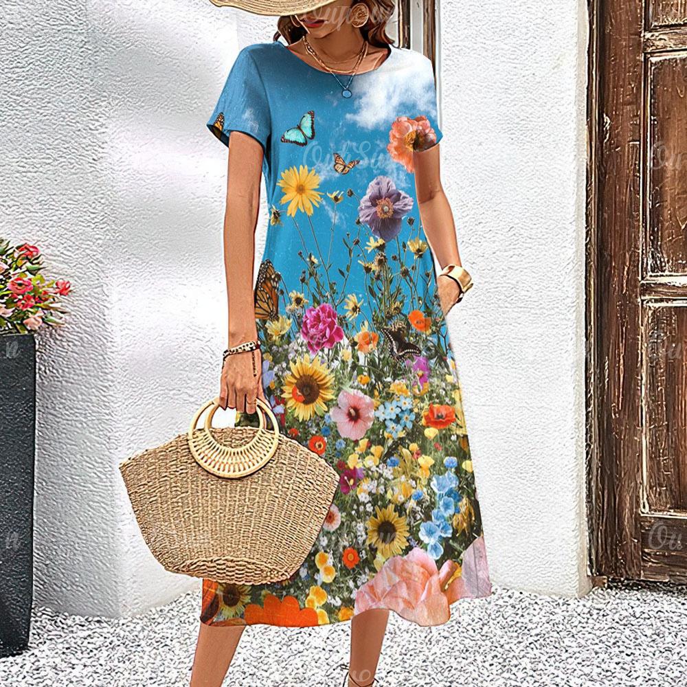 2024 Nové dámské šaty Elegantní květinové potisky Letní prázdninové midi šaty Dámské šaty s krátkým rukávem Módní nadměrné oblečení