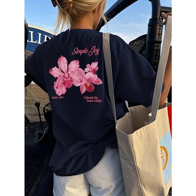 Womens Summer New Floral Letter Print Tee Round Neck Short Sleeve Loose Casual Versatile Top