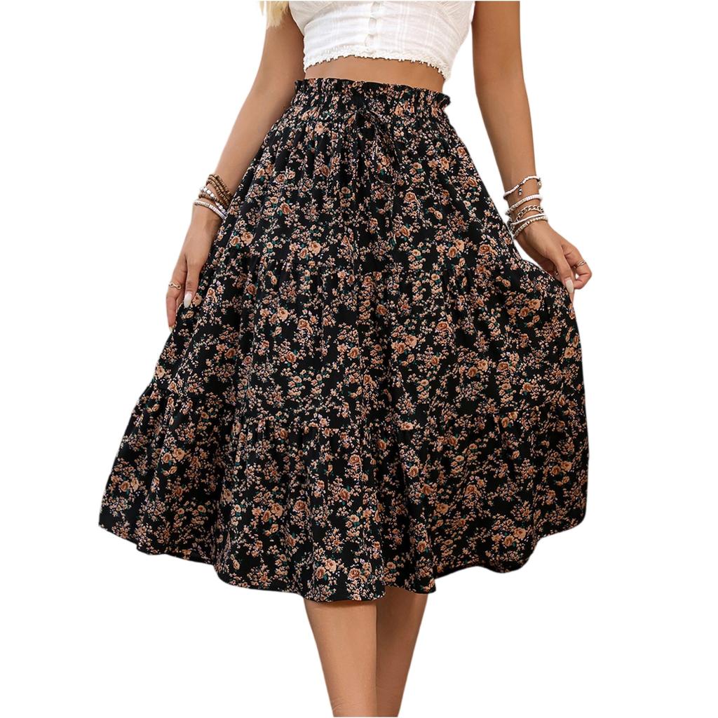 Women's Fashion Pleated Floral Print Elastic Waist Loose Lace Skirt