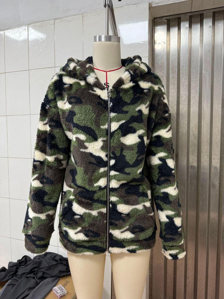 European & American Double-sided Camouflage Plush Zipper Hooded Women's Autumn/Winter Cardigan Coat