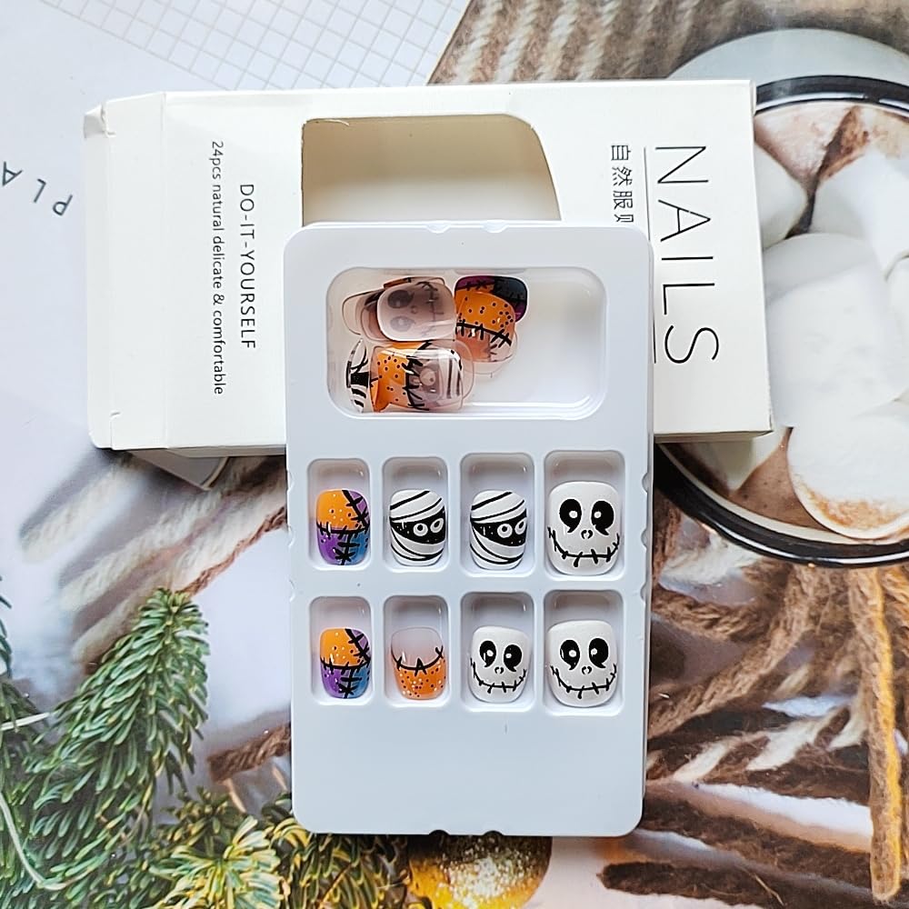 24 Pcs Halloween Press On Nails Short CEWEWP Square Cartoon Fake Nails Mummy Patch Press Ons Nail Tips Orange French Glue On Nails with Terror