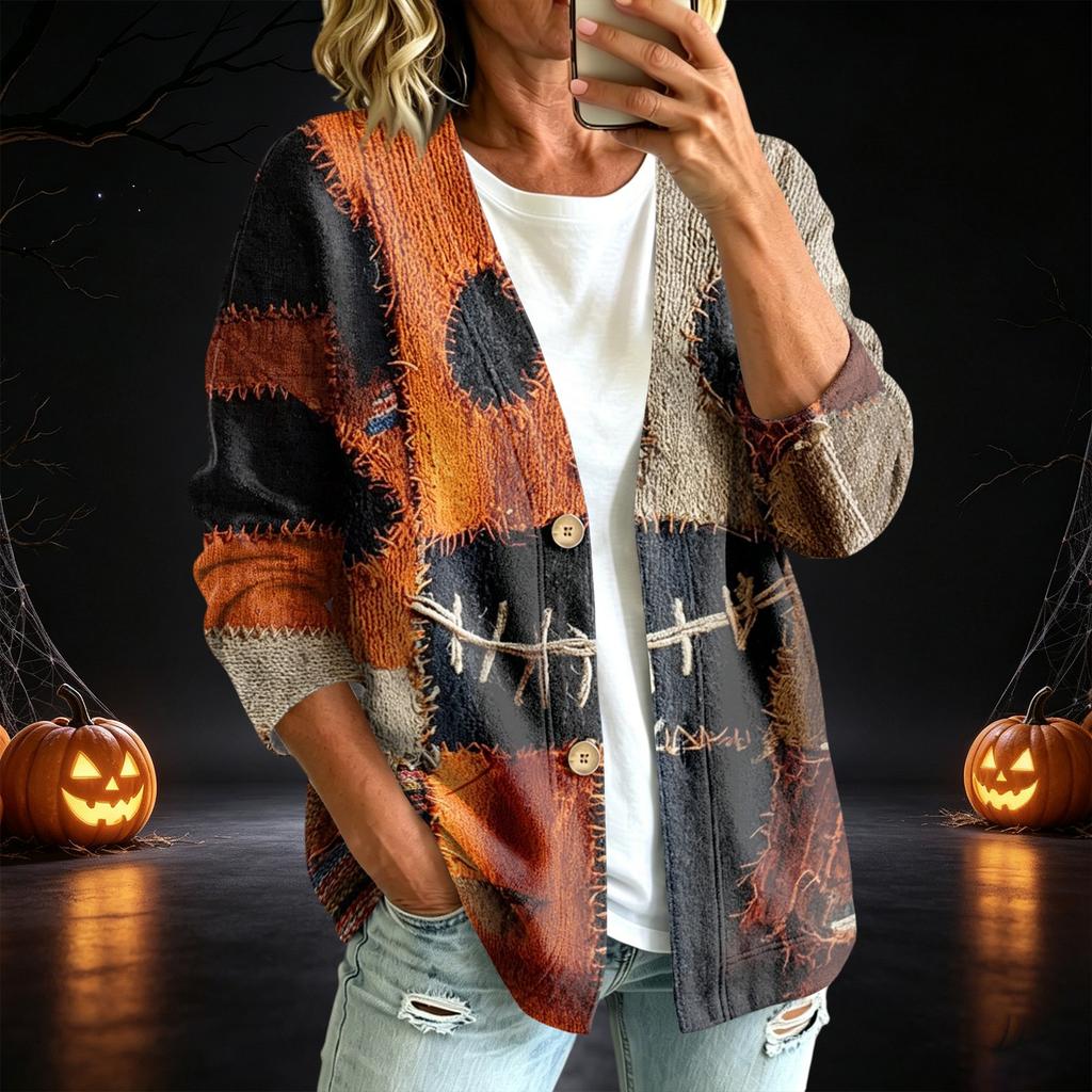 Women's Casual Button-Up Printed Jacket for Halloween Festival