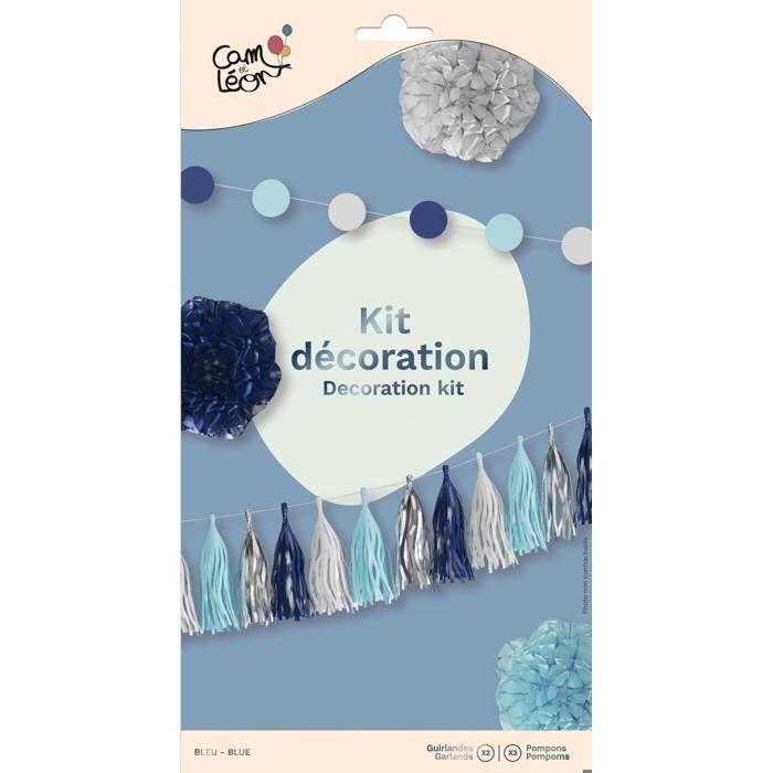 Starter pack décoration d'anniversaire - PTIT CLOWN - Lot de 5 - Bleu - Guirlandes et pompons - 2,5m/3m