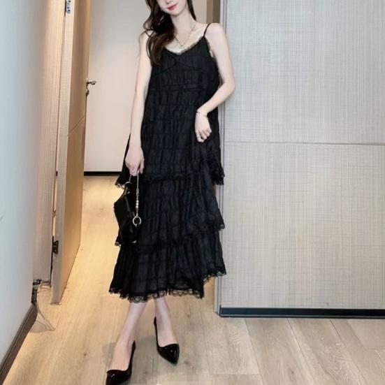 Women Sling Dress V-Neck Sleeveless Multi Layer Lace Splicing Design Maxi Dress