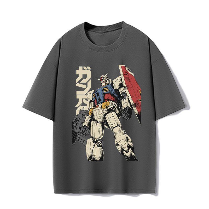 New Japanese Animation Retro Gundam Mobile Fighter Loose Shortsleeved Tshirt Pure Cotton Crew Neck Top Trendy Tee