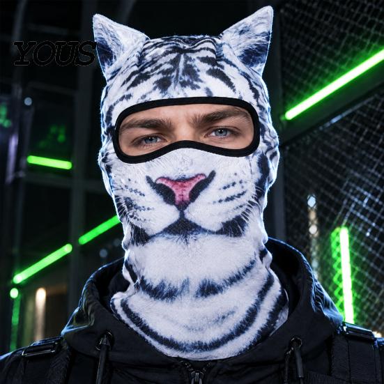 Celotvářová maska 3D zvířecí uši Kukla, Kočka Pes Sněžný lev pro Cosplay Halloween, Kryt Venkovní Cyklistika Lyžování Potisk