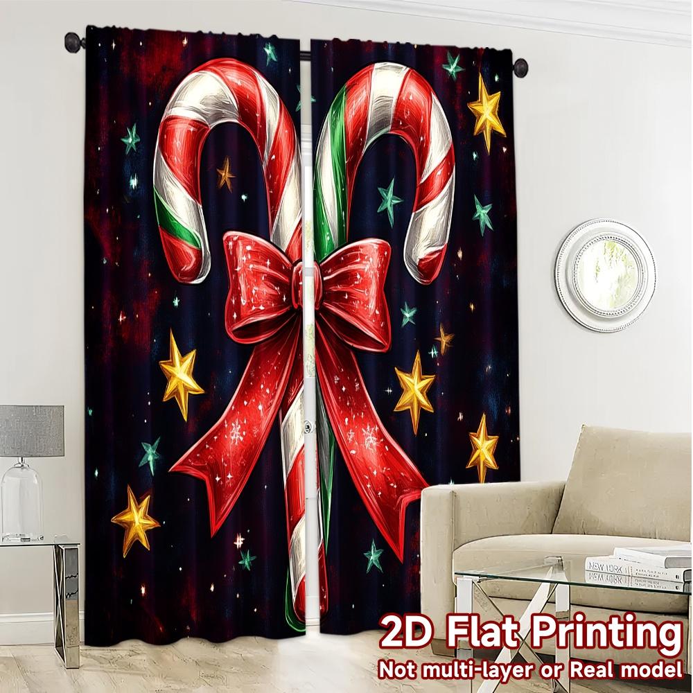 2pcs,Curtains Christmas Candy Cane Bow Stars (3) Popular Curtains&Window Treatment Machine Washable Fabric Curtains Art Deco