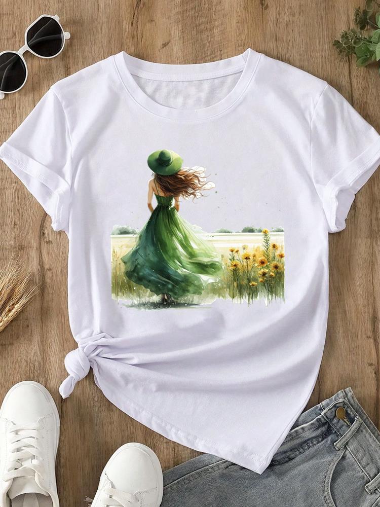 (Asian Size) O-neck Women's Top T Clothing Print Short Sleeve T-shirts Lovely Flower Trend Cute Fashion Female Casual Graphic Tee