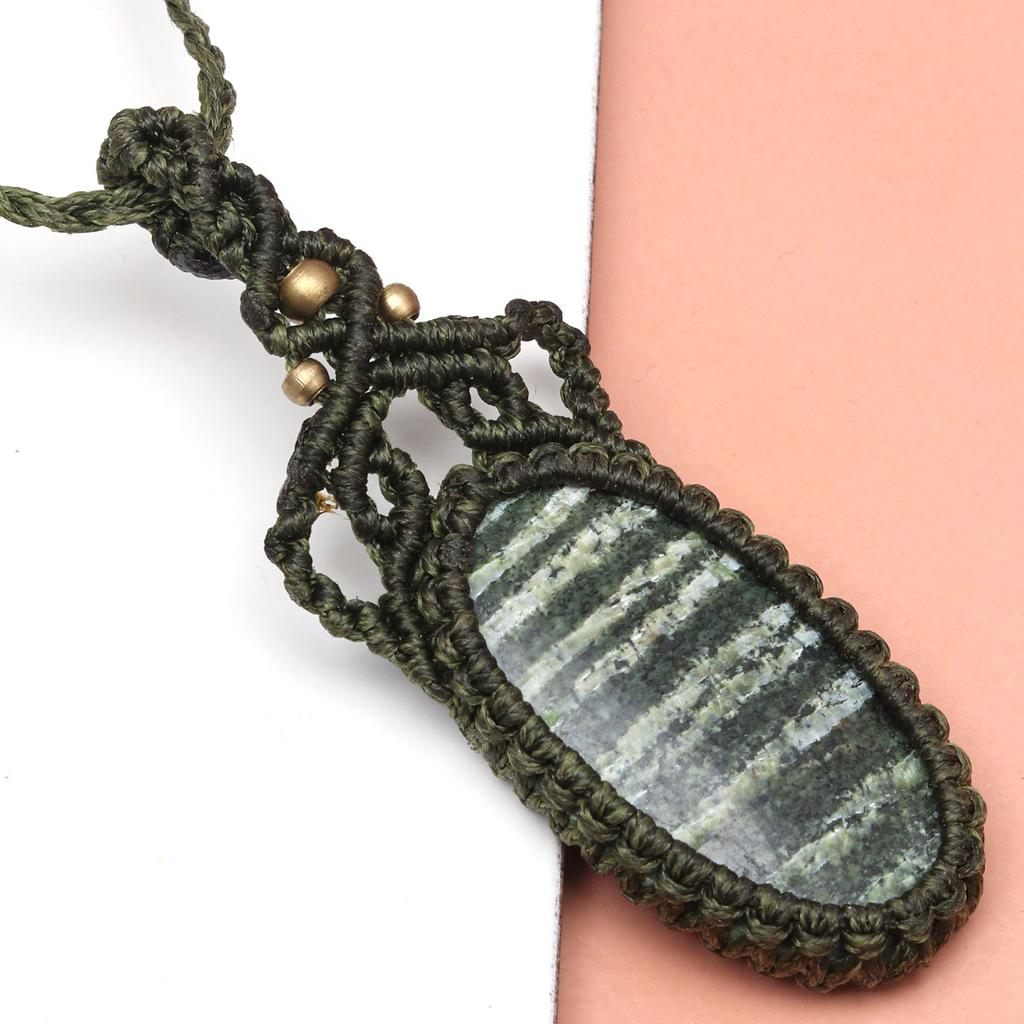 Necklace Gemstone Jewelry Zebra Jasper Macrame Thread Handmade 20-36''Ad Unisex