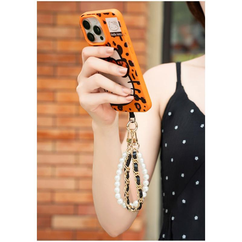 Women Short Wrist Pearl Chain Phone Lanyard Metal Buckle