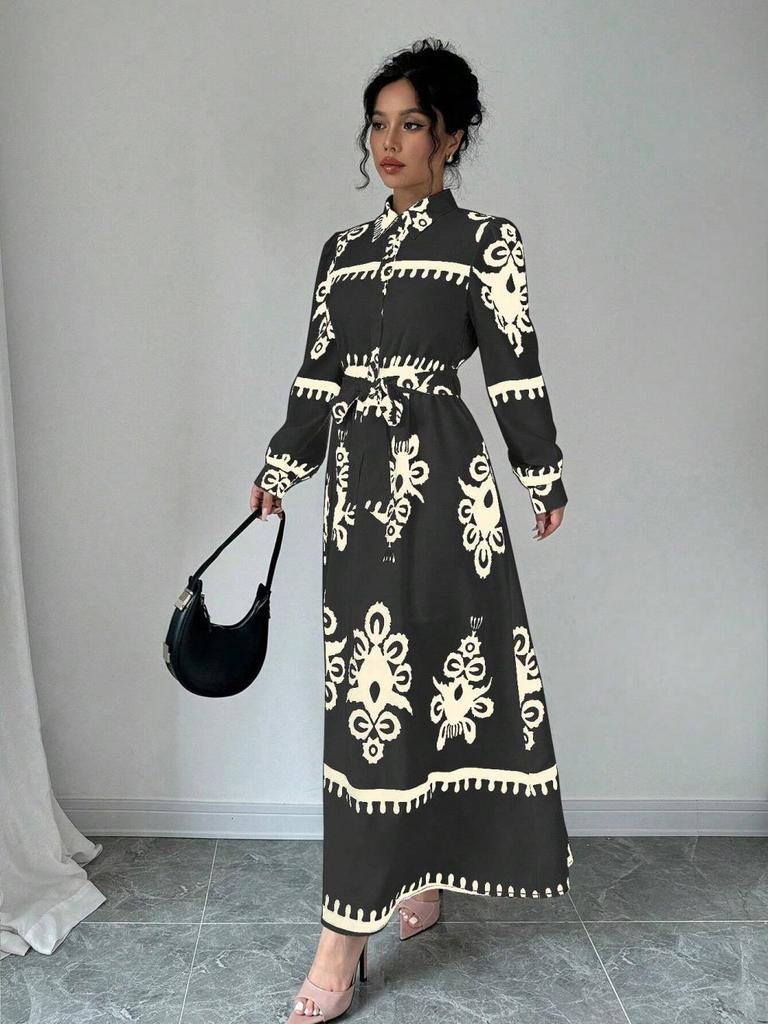 Live Shot 2025 European and American Fashion Long Sleeve Waist-Gathering Print Shirt Dress