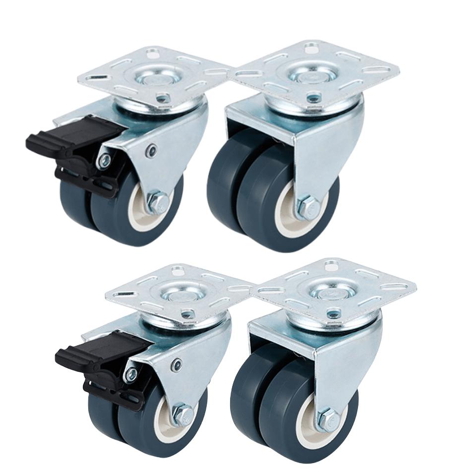 4-Pack Heavy Duty Plate Casters Silent Swivel Wheels with Lock, Furniture Trolley, Durable, Silver Finish
