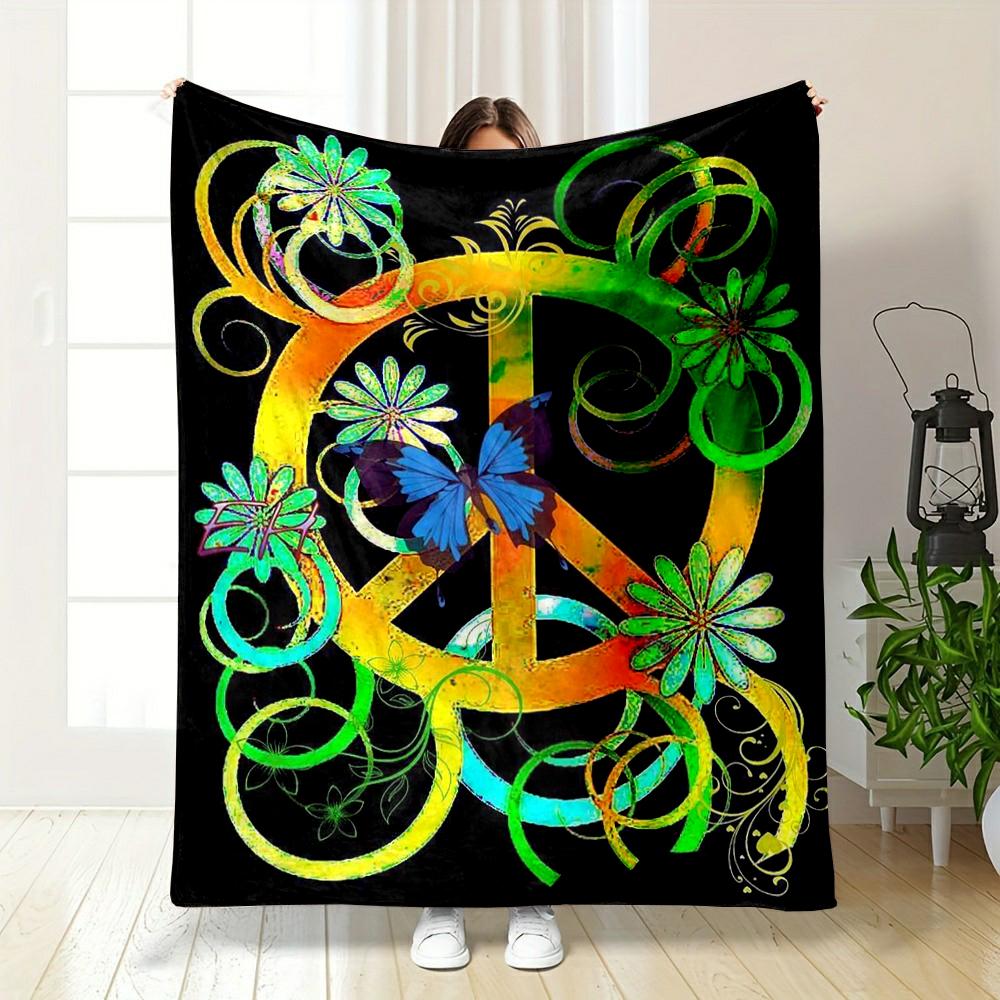 Colorful Peace Sign with Butterfly Design Flannel Blanket for Bedroom, Living Room, Sofa, and Nap Sofas.