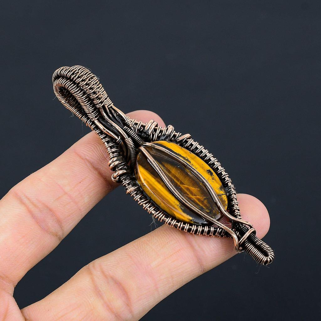 Tiger Eye Pendant, Handmade Gemstone 999 Copper Wire Wrapped Pendant Antique Jewelry, For Gift Silver Jewelry