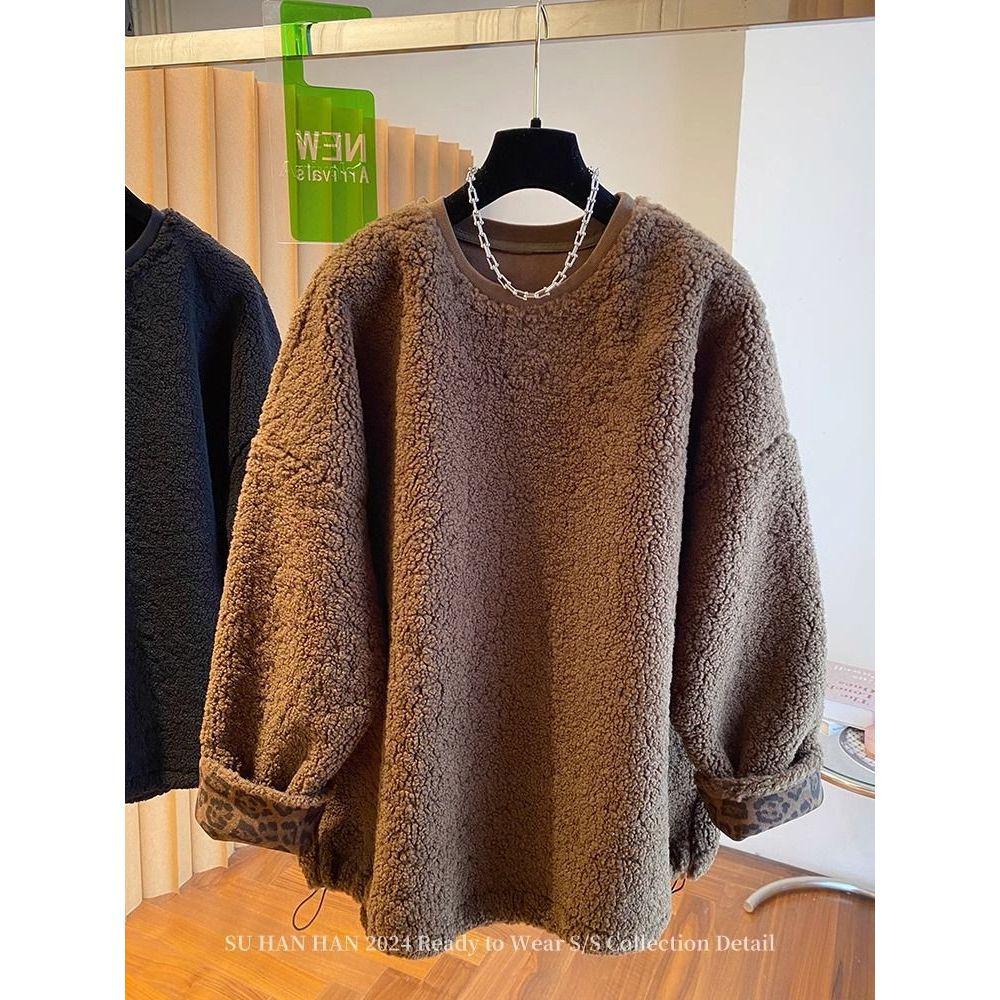High-End Lazy Style Round Neck Sweatshirt - Imitation Lamb's Wool, Solid Color, Thickened for Autumn/Winter, 2025 Collection.