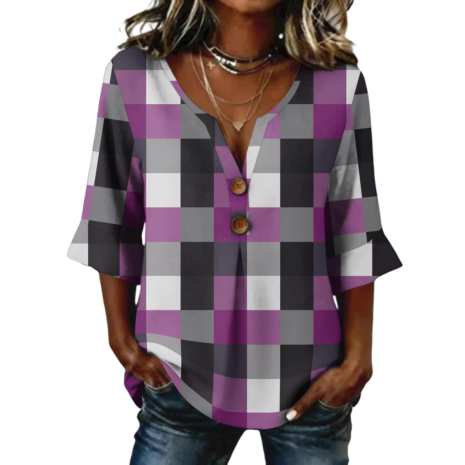 Ladies  plaid printed button casual V-neck fashionable seven quarter sleeve top XXL фиолетовый