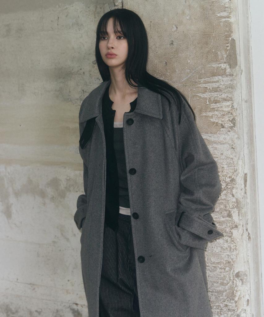 Leathery Cashmere Balmacaan Robe Coat [Grey]