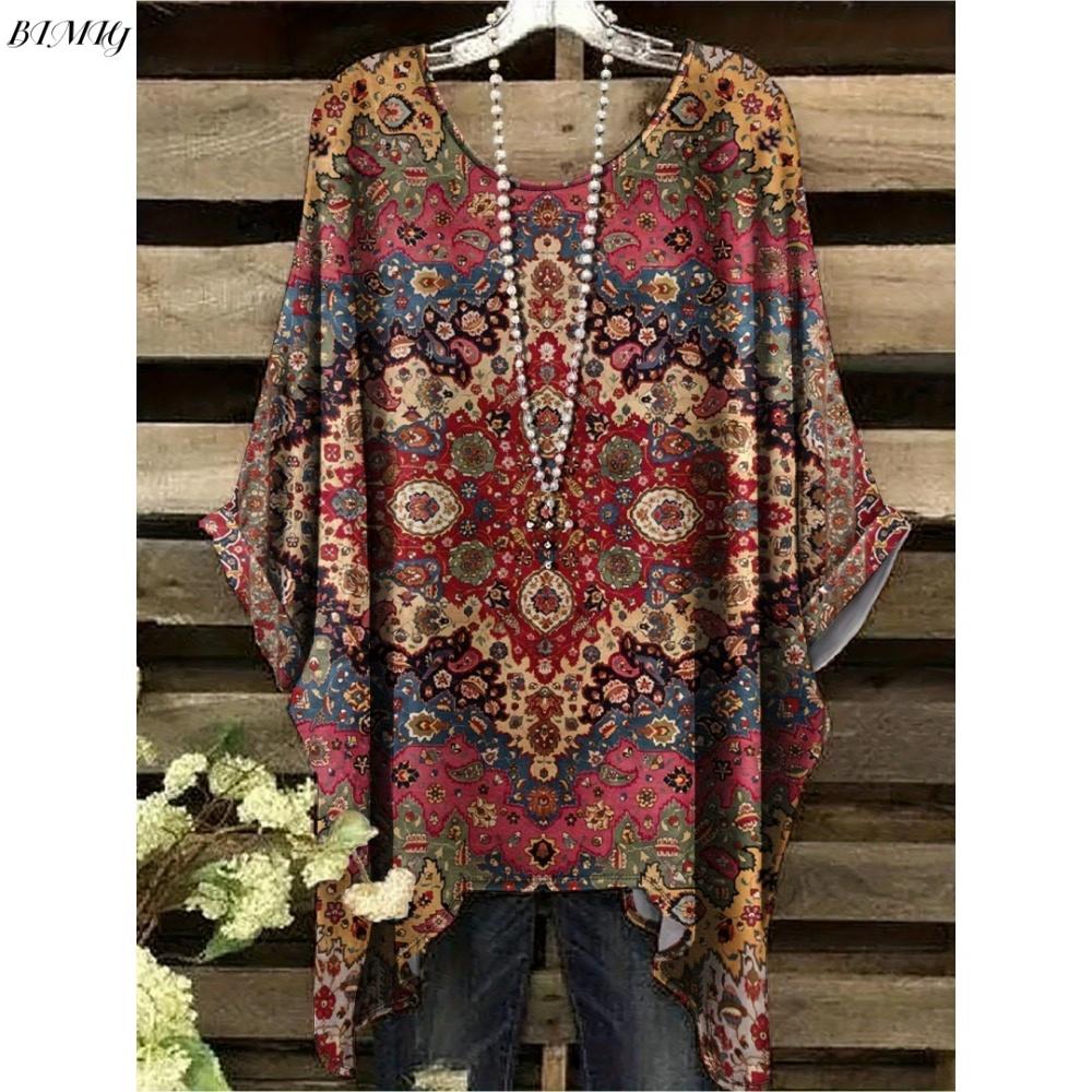 

Летняя женская футболка в этническом стиле, ретро с принтом, фрачная, повседневная, удобная, с неровным подолом, с круглым вырезом, женская с коротким рукавом 5XL