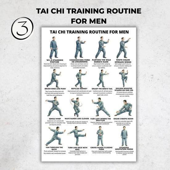 3Pcs Men Tai Chi Training Plan Guide for Posture Correction And Pain Relief Core Strength Flexibility Muscle Endurance Poster No Impact Exercise for