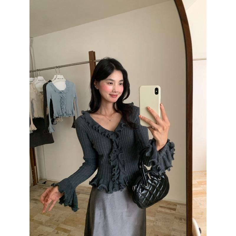 Pulover tricotat subțire cu dantelă ciupercă la modă, toamnă 2025 nou pulover de damă cu talie și decolteu în V 11950