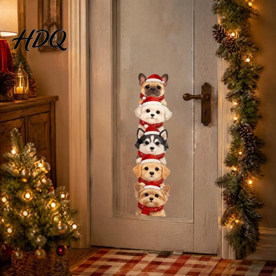 Holiday Home Accents Christmas Puppy Wall Stickers Removable Self-adhesive Dog Decals for Walls Doors PVC