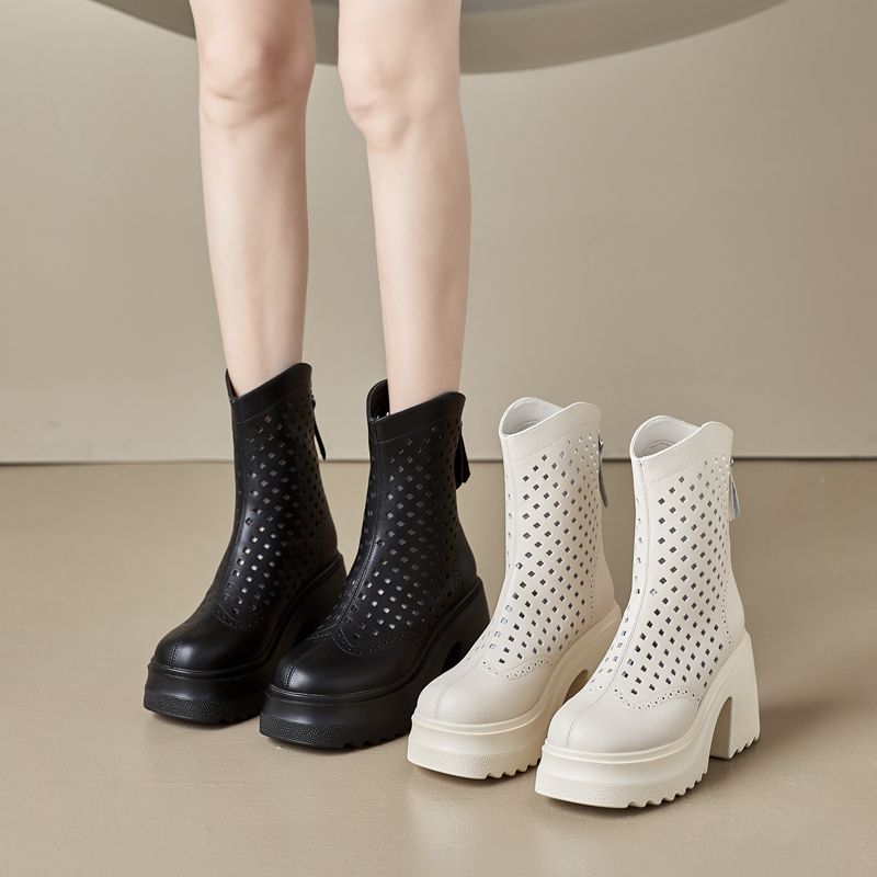 Fashion 10CM Thick High Heels Women Summer Ankle Boots Microfiber Leather Ladies Hollow Short Boot Shoes Woman Basic Booties