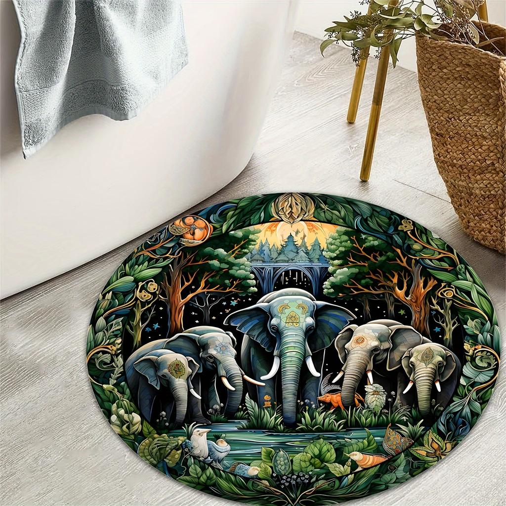Crystal Velvet Carpet1pc Tropical Rainforest Elephants Mat - Non-Slip Jungle Mat with Elephant Herd, Rubber Backing Floor Mat Fo