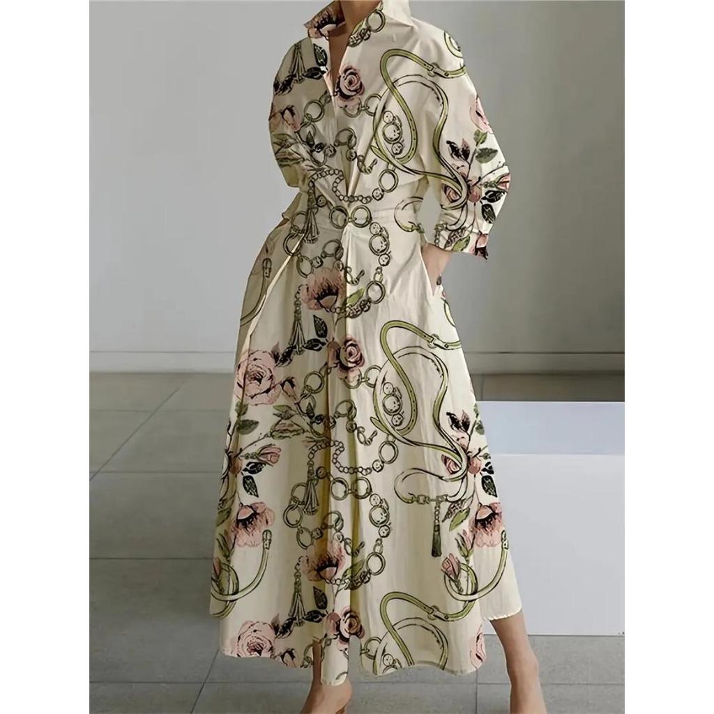 Plus Size Commuter Fashion Neck Lining Nine Minute Sleeve Loose Hem Dresses