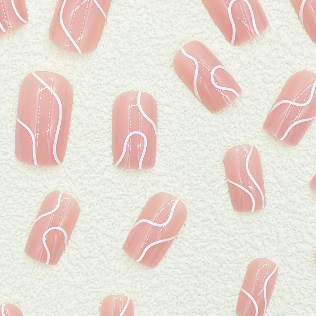 24pcs Square Line Press-on Nails with Jelly Glue and 1 Applicator Stick