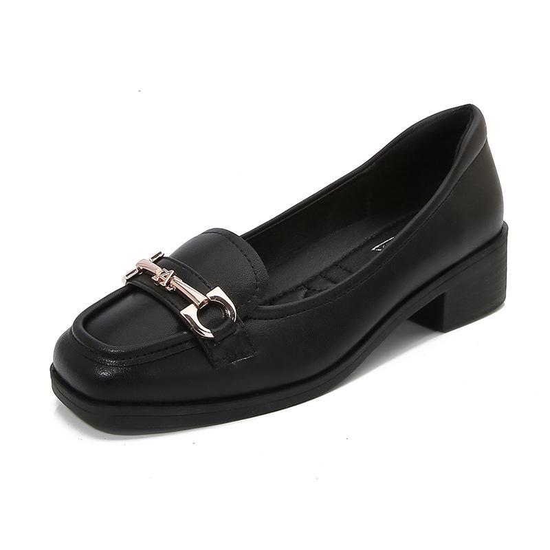 Women's 2026 New Style Black Leather Loafers - Soft Sole, Comfortable, Low-Cut Chunky Heel, Square Toe, Spring/Autumn.