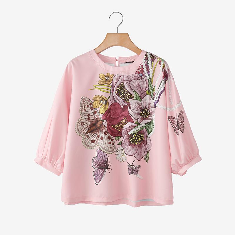 ZANZEA Women Casual Round Neck 3/4 Sleeve Loose Print Blouse