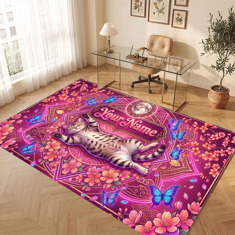 Cat Theme Crystal Velvet Floor Rug Personalized Custom Name Text Warm Carpet Home Decoration
