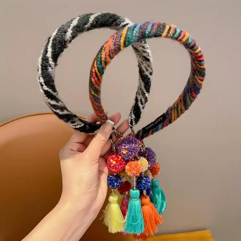 2025 New Style Colorful Braided Plush Headband for Girls - Wide-Edge Ethnic Hair Accessory